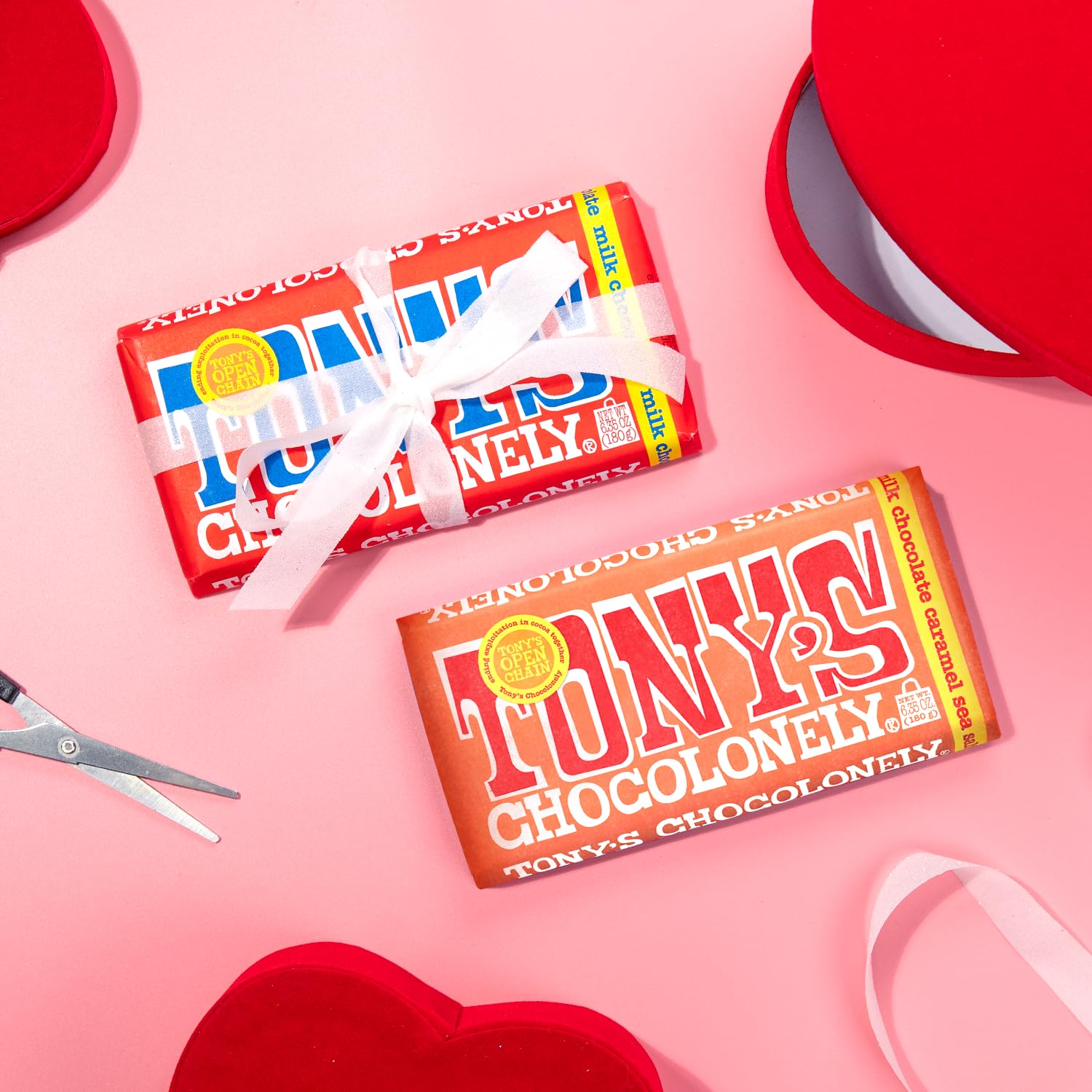 Tonys Chocolonely bold packaging design on chocolate bar.
