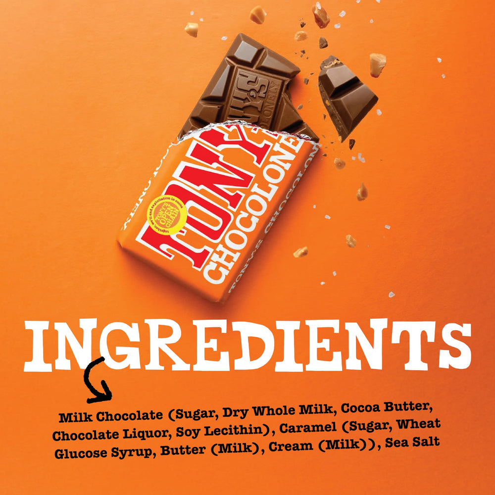 Creamy milk chocolate with caramel and sea salt highlights indulgent flavor balance.