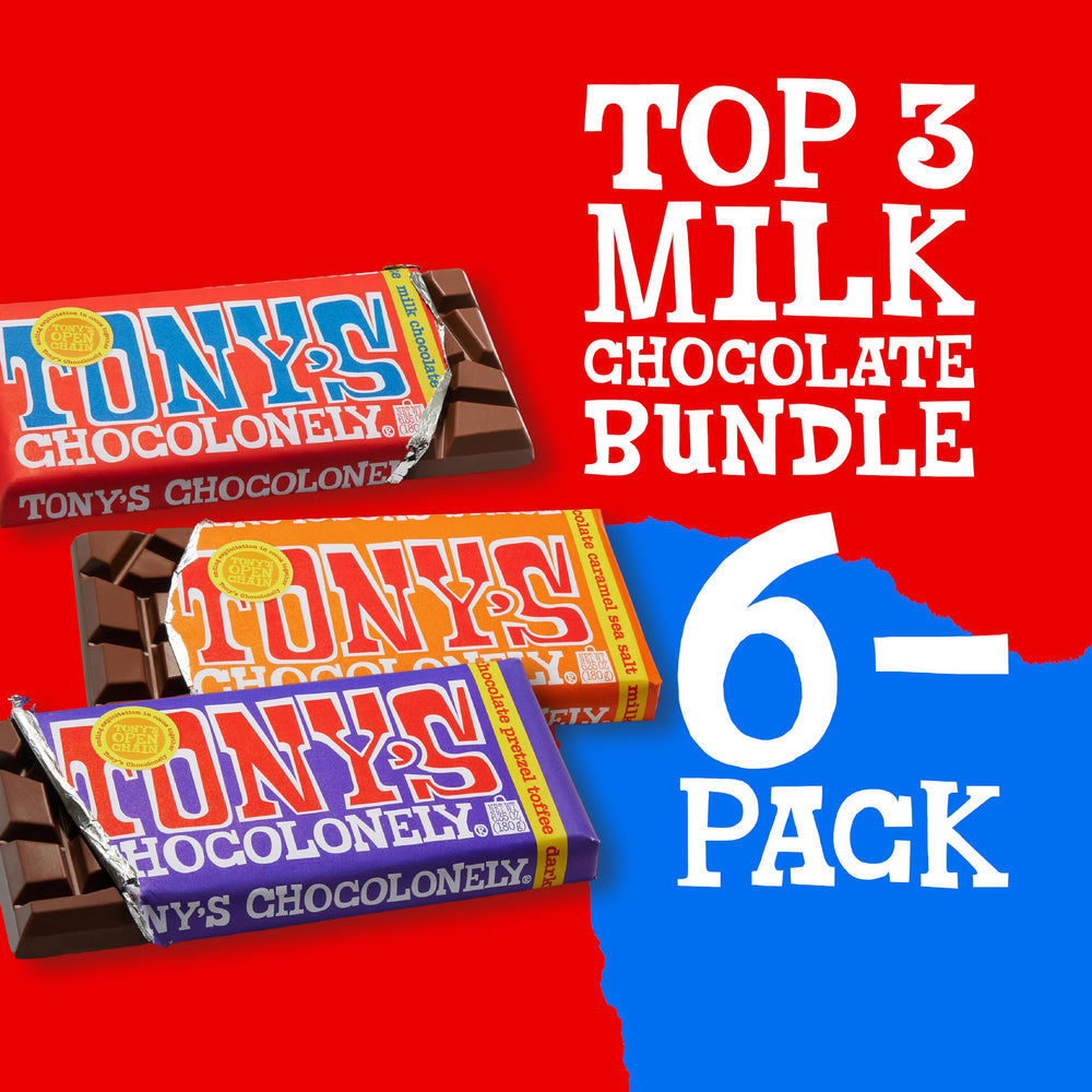 Tony's Chocolonely dark milk pretzel toffee bar, crunchy texture meets rich chocolate.
