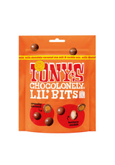 Tony's Chocolonely Lil’ Bits pouch shows milk chocolate with caramel, sea salt, and cookie bits for quick snacks.