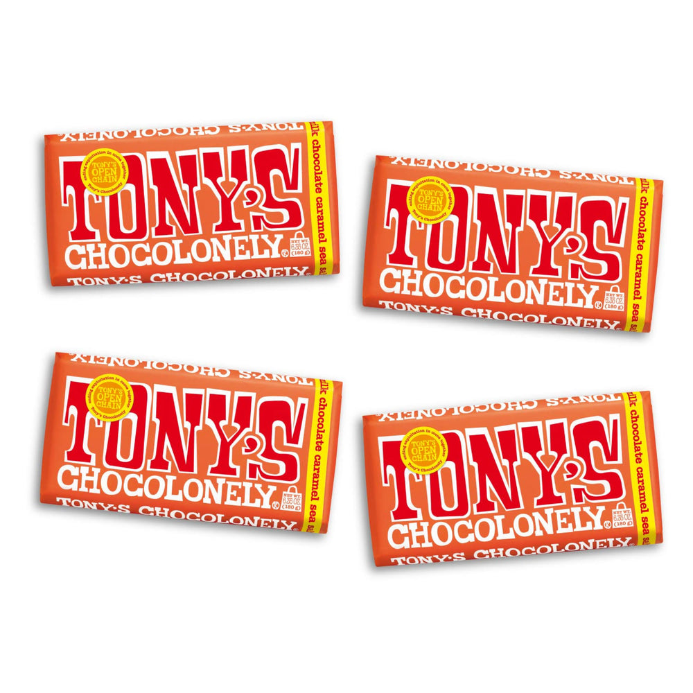 Tony’s Chocolonely milk chocolate bar with caramel and sea salt, rich and shareable snack.