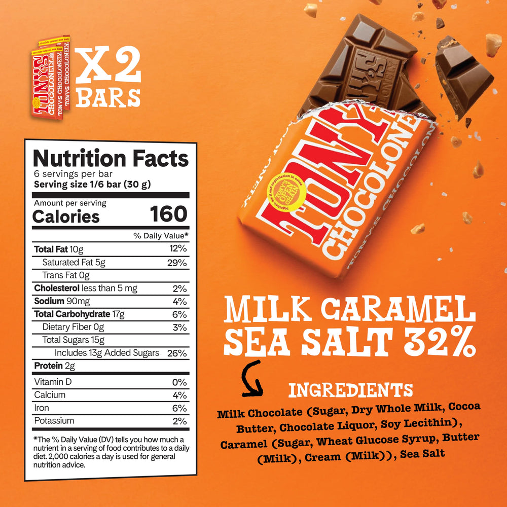 Tony's Chocolonely milk caramel sea salt bar close-up, creamy sweetness with balanced salt.