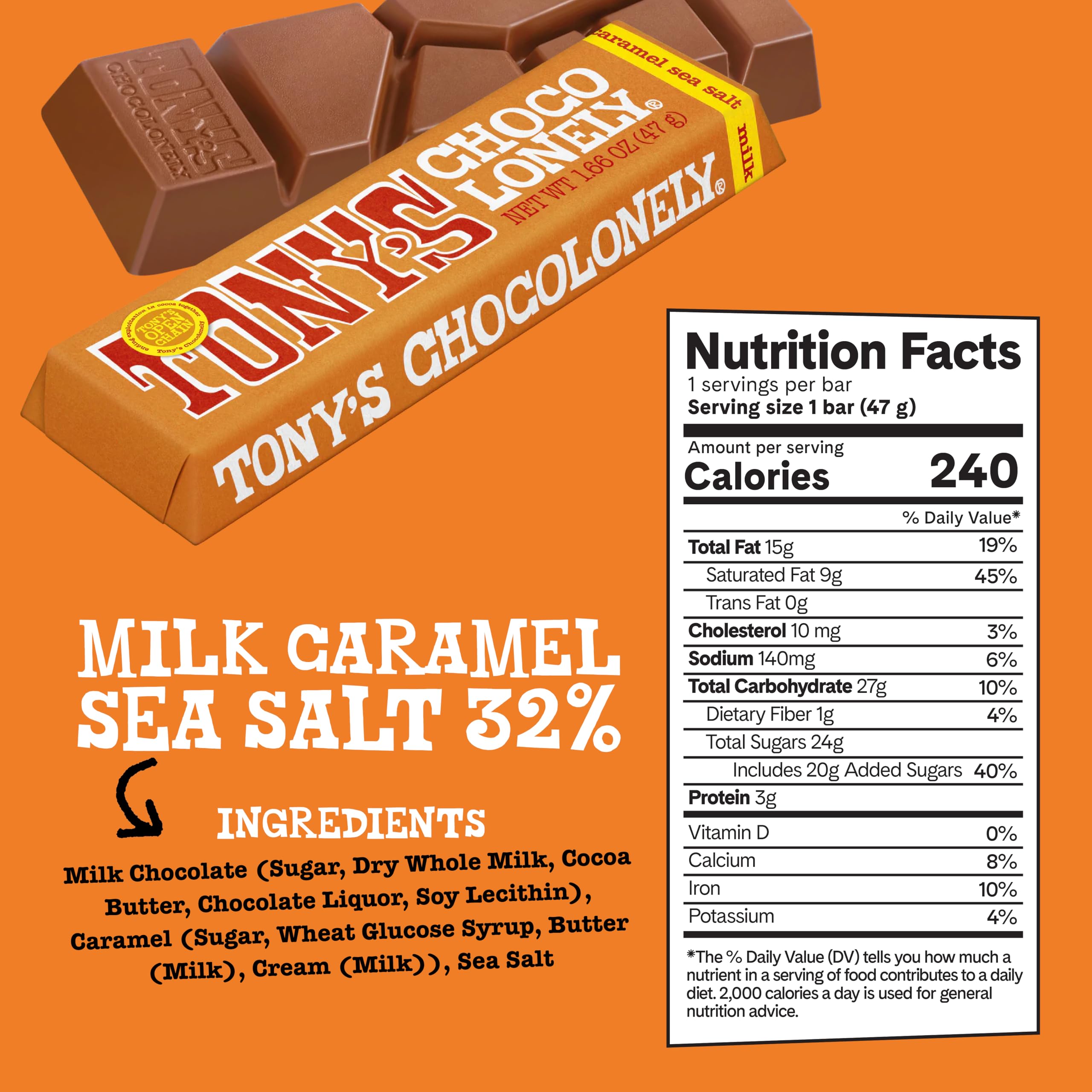 Tony’s Chocolonely milk caramel sea salt bar delivers sweet-salty contrast.
