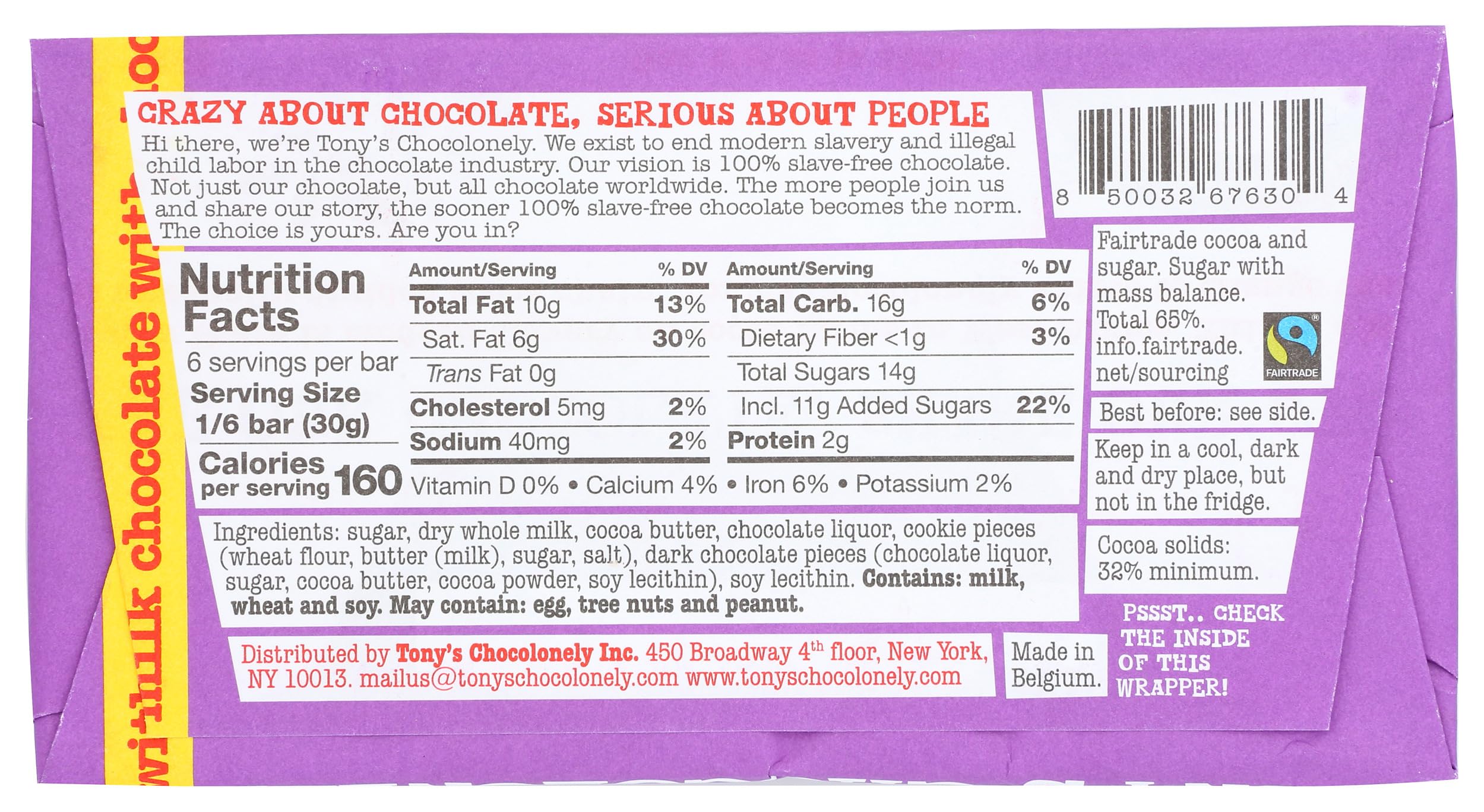 Tony's Chocolonely Milk Chocolate Chip Cookie Bar closeup chips, creamy and chewy texture.