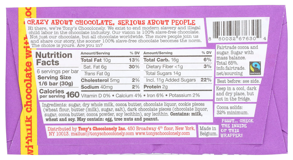 Tony's Chocolonely Milk Chocolate Chip Cookie Bar closeup chips, creamy and chewy texture.
