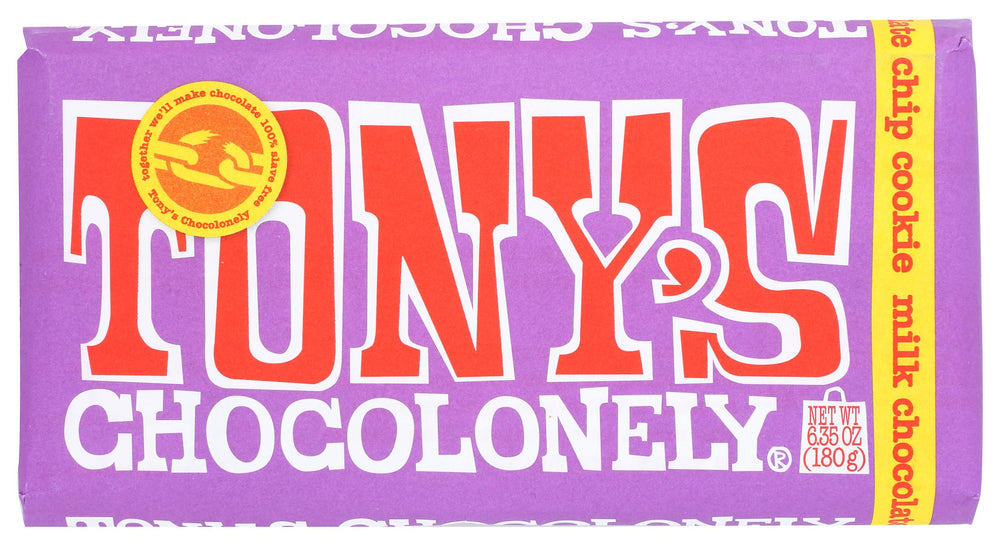 Tony's Chocolonely Milk Chocolate Chip Cookie Bar unwrapped, quick indulgence.