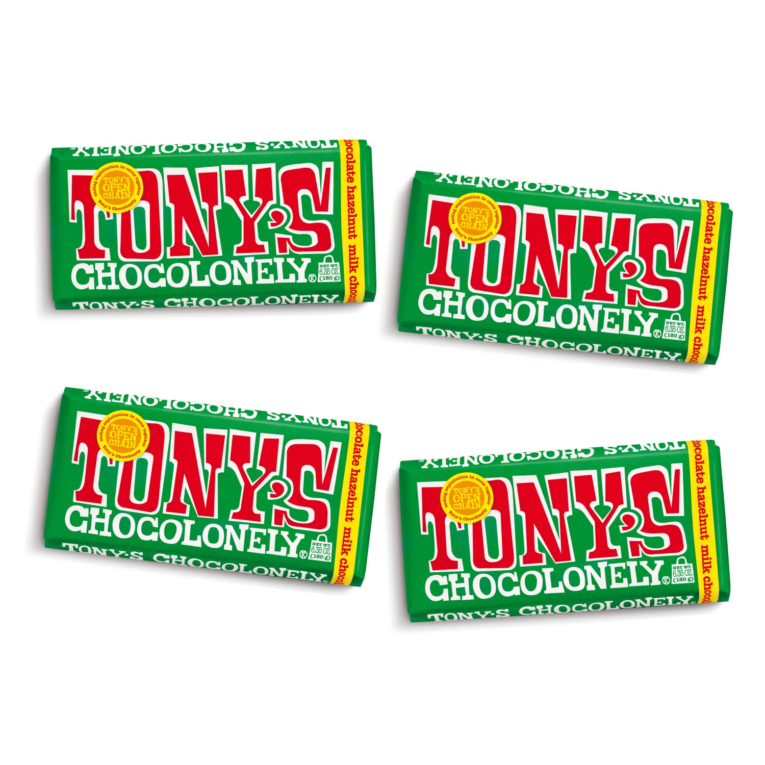 Tony's Chocolonely Milk Hazelnut Bar packaging, perfect for gifting with fair trade appeal.