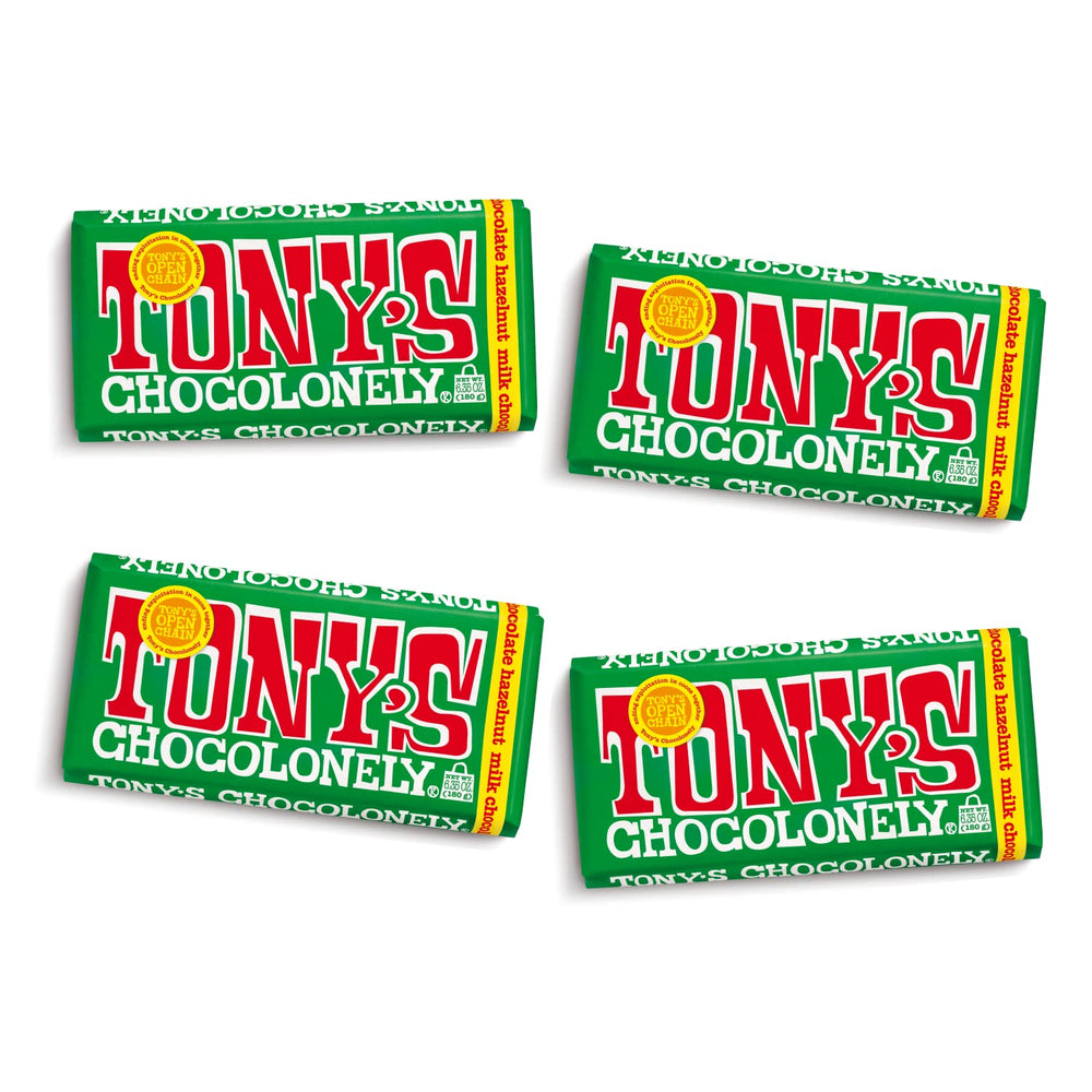 Tony's Chocolonely Milk Hazelnut Bar packaging, perfect for gifting with fair trade appeal.