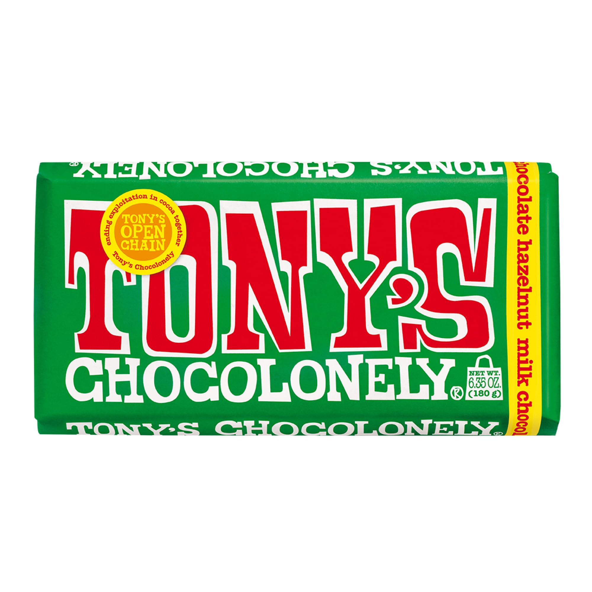 Tony’s Chocolonely Milk Hazelnut Bar wrapped for gifting, a perfect present.