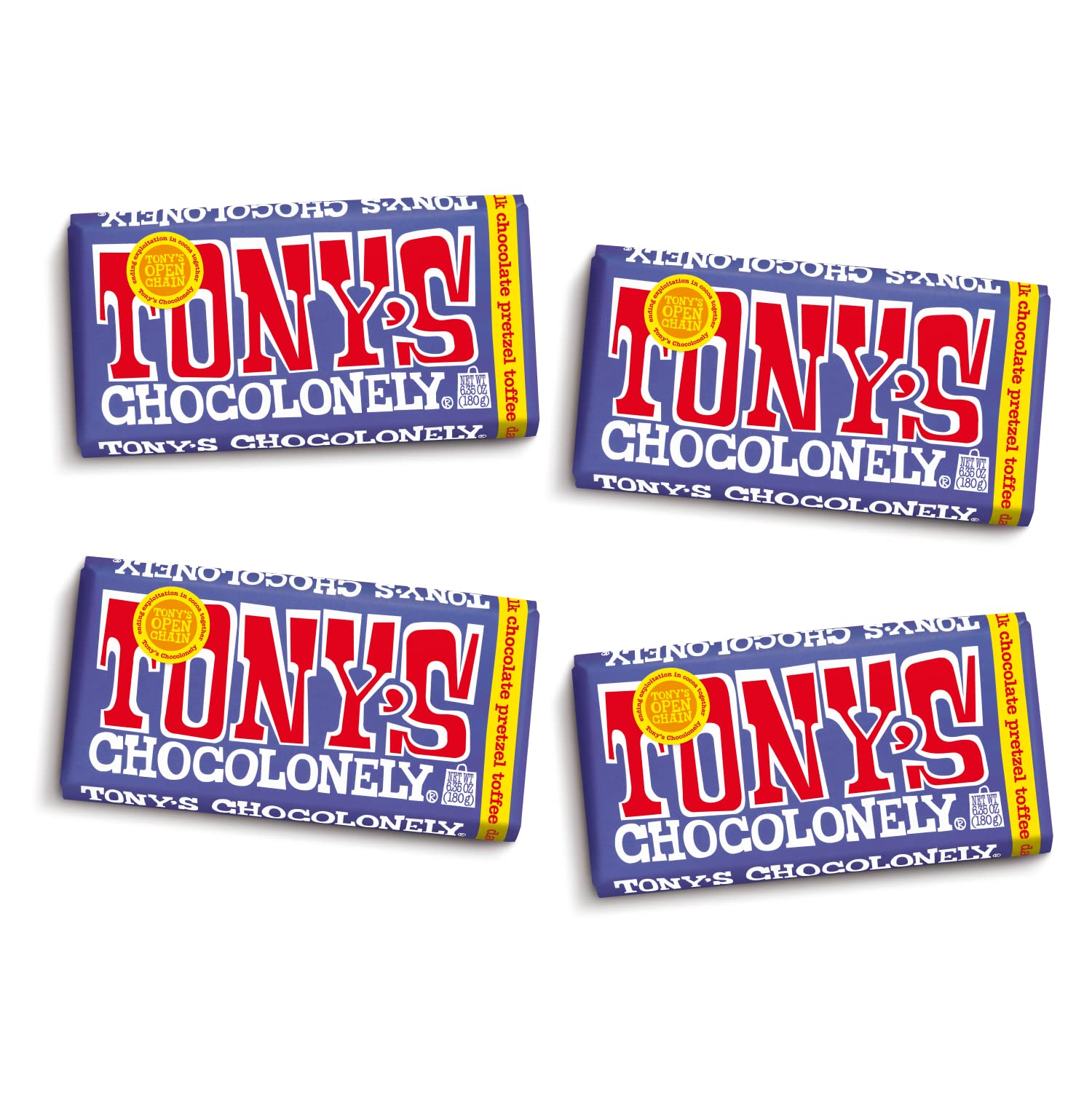 Tony's Chocolonely pretzel-toffee dark milk bar close-up, showcasing crunchy textures.