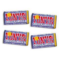 Tony's Chocolonely pretzel-toffee dark milk bar close-up, showcasing crunchy textures.