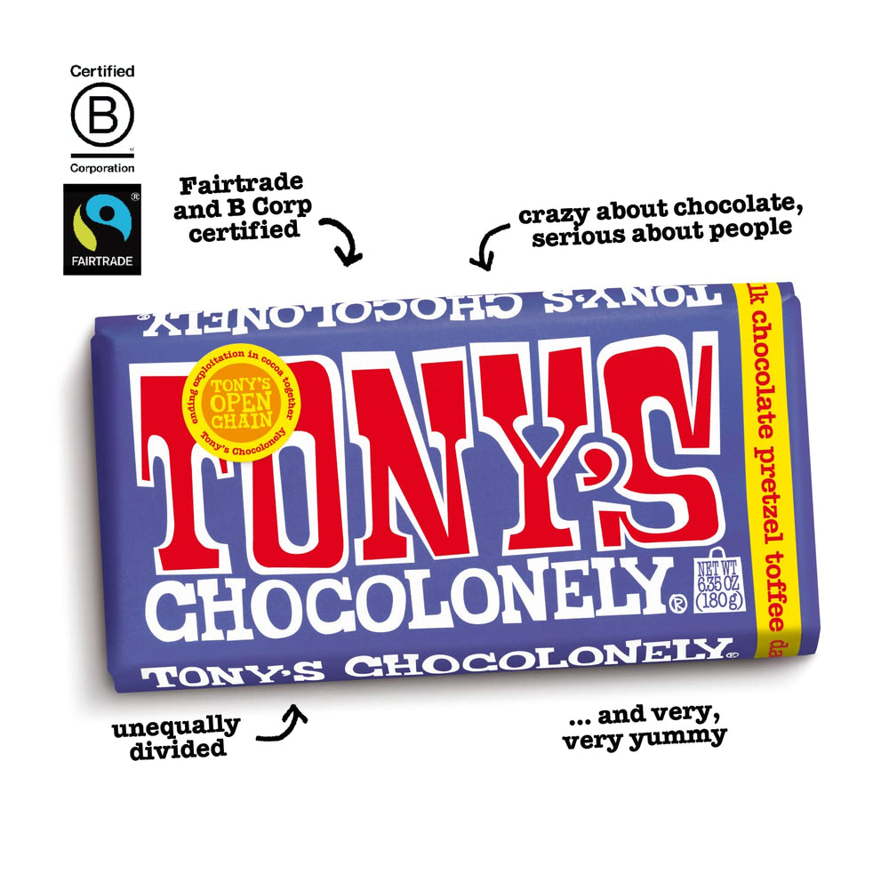 Tony's Chocolonely purple wrapper stands out on shelves.