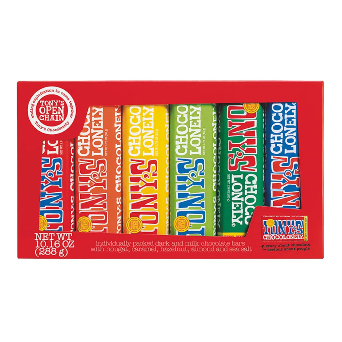 Tony’s Chocolonely rainbow pack front view shows vibrant, gift-ready packaging.