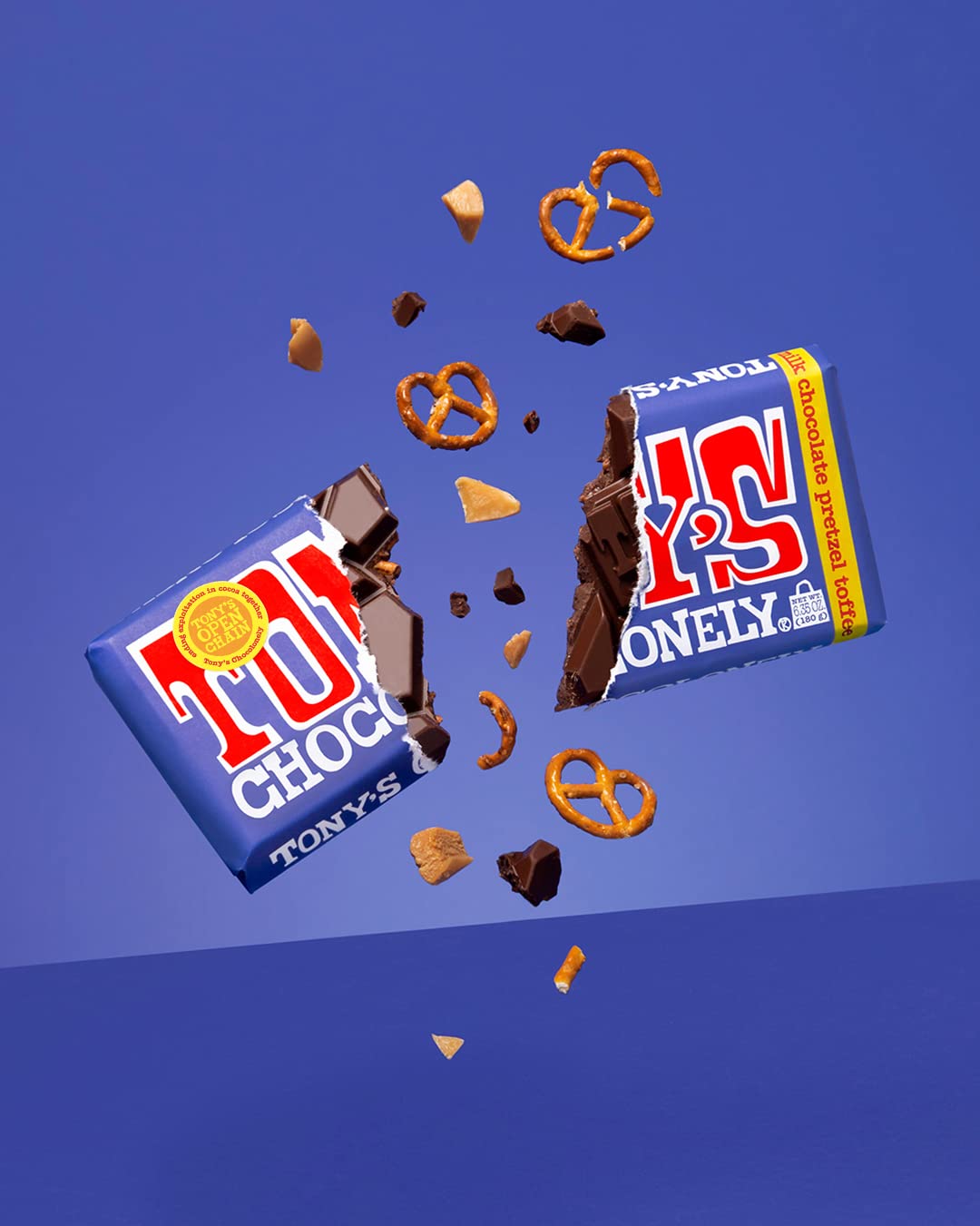 Tony's Chocolonely tasting moment shows crisp pretzel crunch and toffee sweetness.