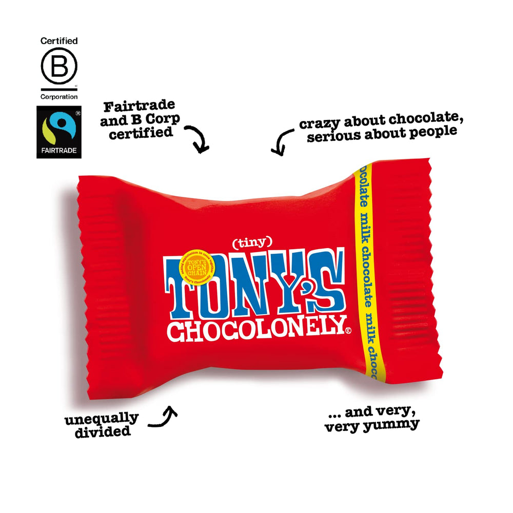 Tony's Chocolonely Tiny Tony's bites bag open on counter – convenient, ready-to-share snack.