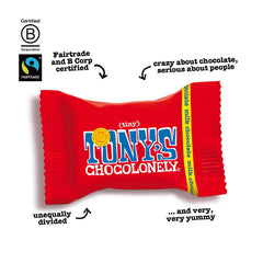Tony's Chocolonely Tiny Tony's bites bag open on counter – convenient, ready-to-share snack.
