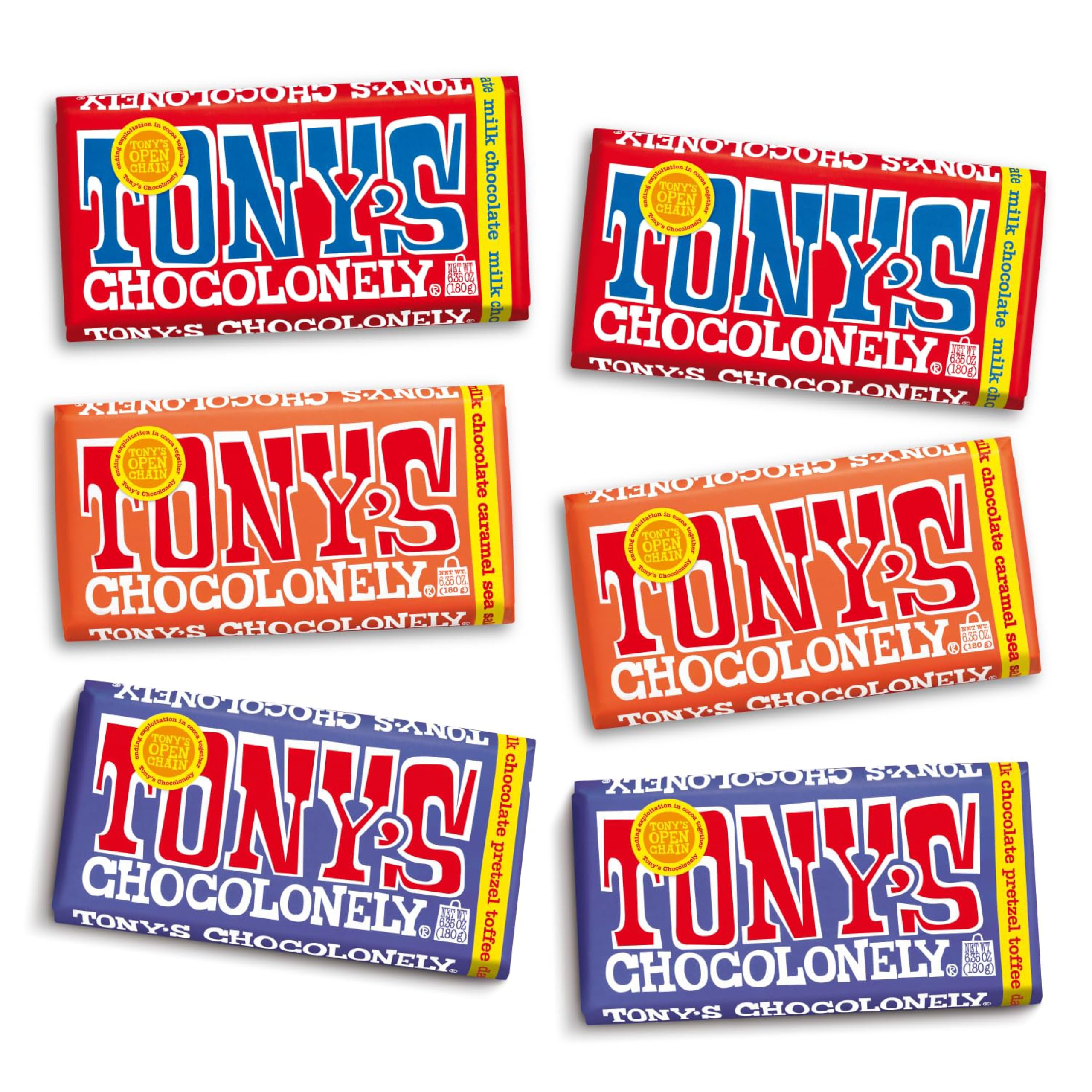 Tony's Chocolonely Top 3 Milk Chocolate Bundle packaging, ideal for gifting.