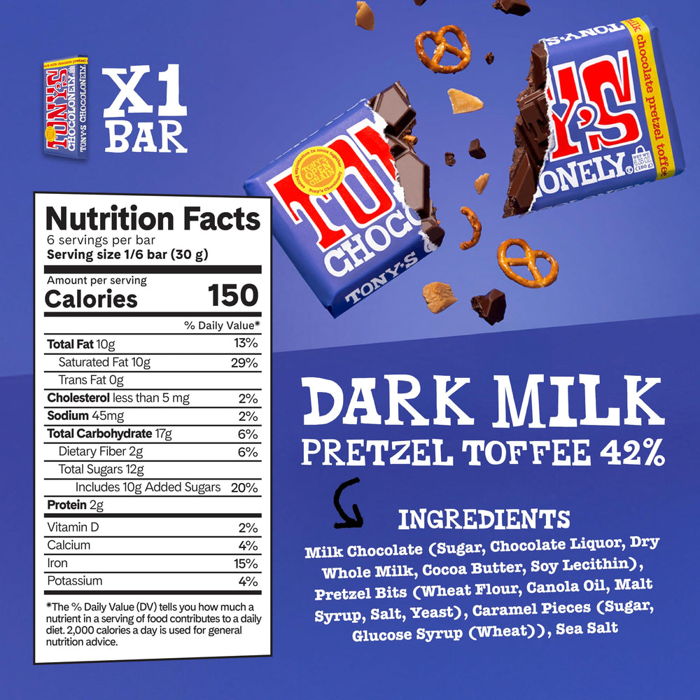 Tony's Dark Chocolate Pretzel Toffee, crunchy and salty-sweet contrast.