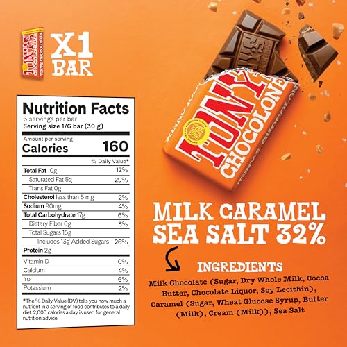 Tony's Milk Chocolate Caramel Sea Salt bar offers a balanced sweet-salty bite for snack time.