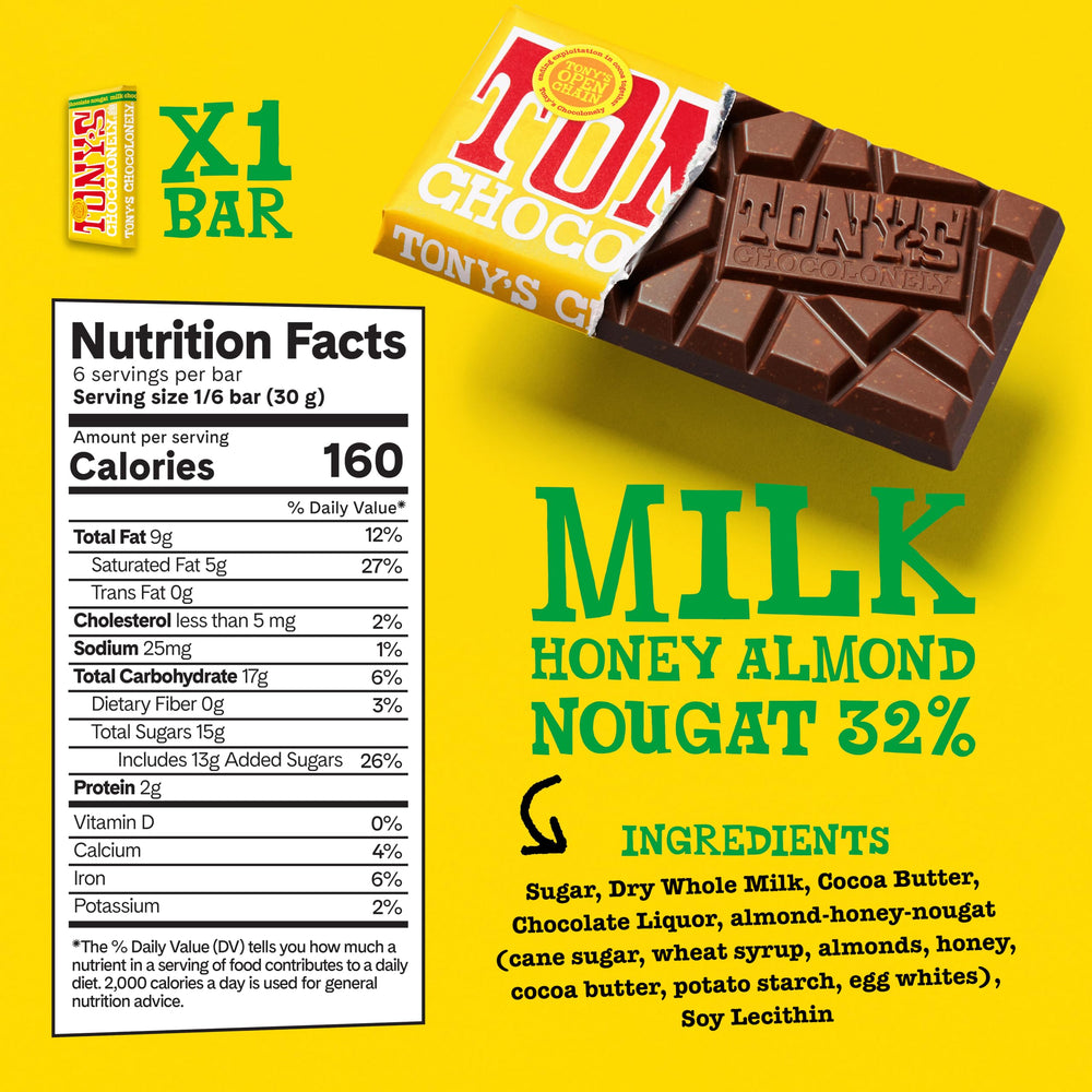 Tony's Milk Chocolate Nougat Bar with chewy texture, a satisfying bite.