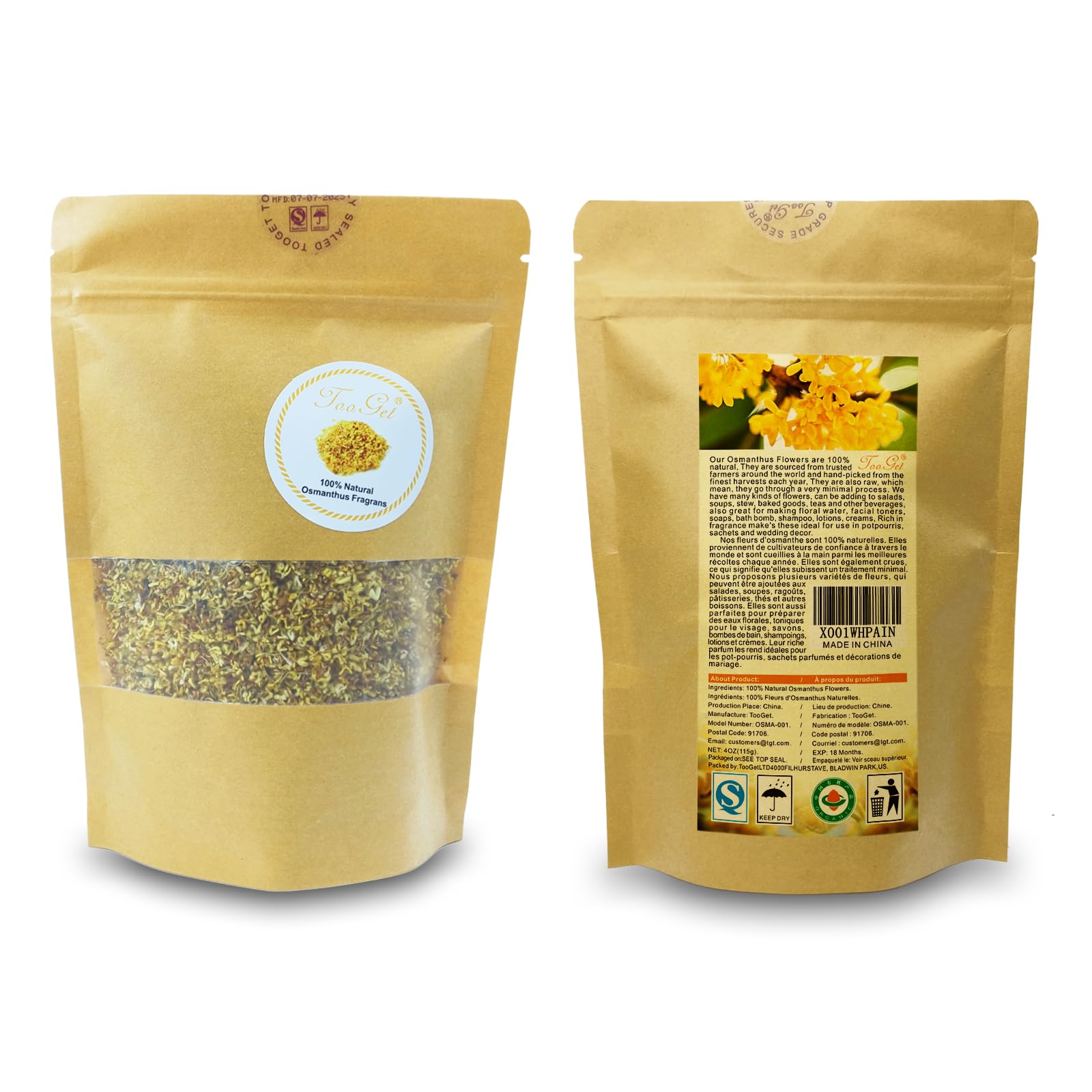 TooGet Osmanthus dried flowers packaging demonstrating premium top grade quality