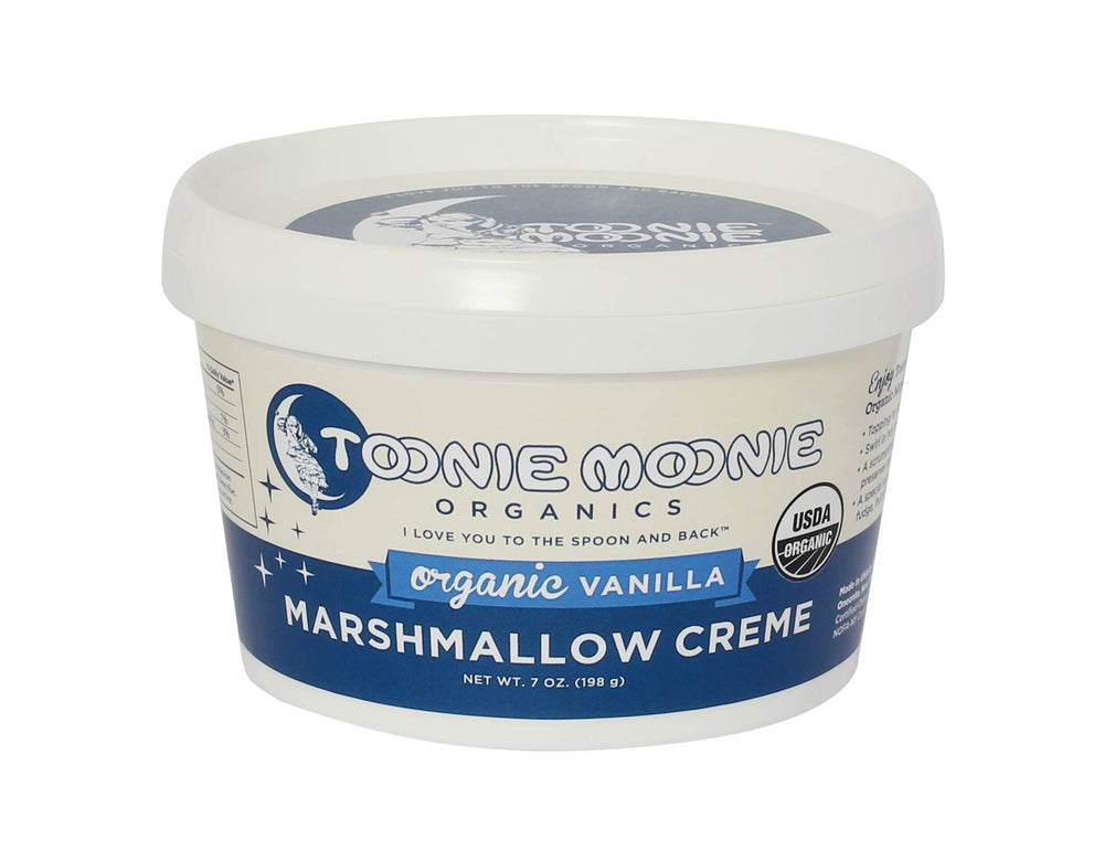 Toonie Moonie Organic Vanilla Marshmallow Creme jar ready for desserts and toppings.