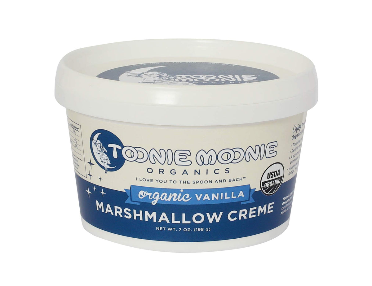 Toonie Moonie Organic Vanilla Marshmallow Creme jar ready for desserts and toppings.