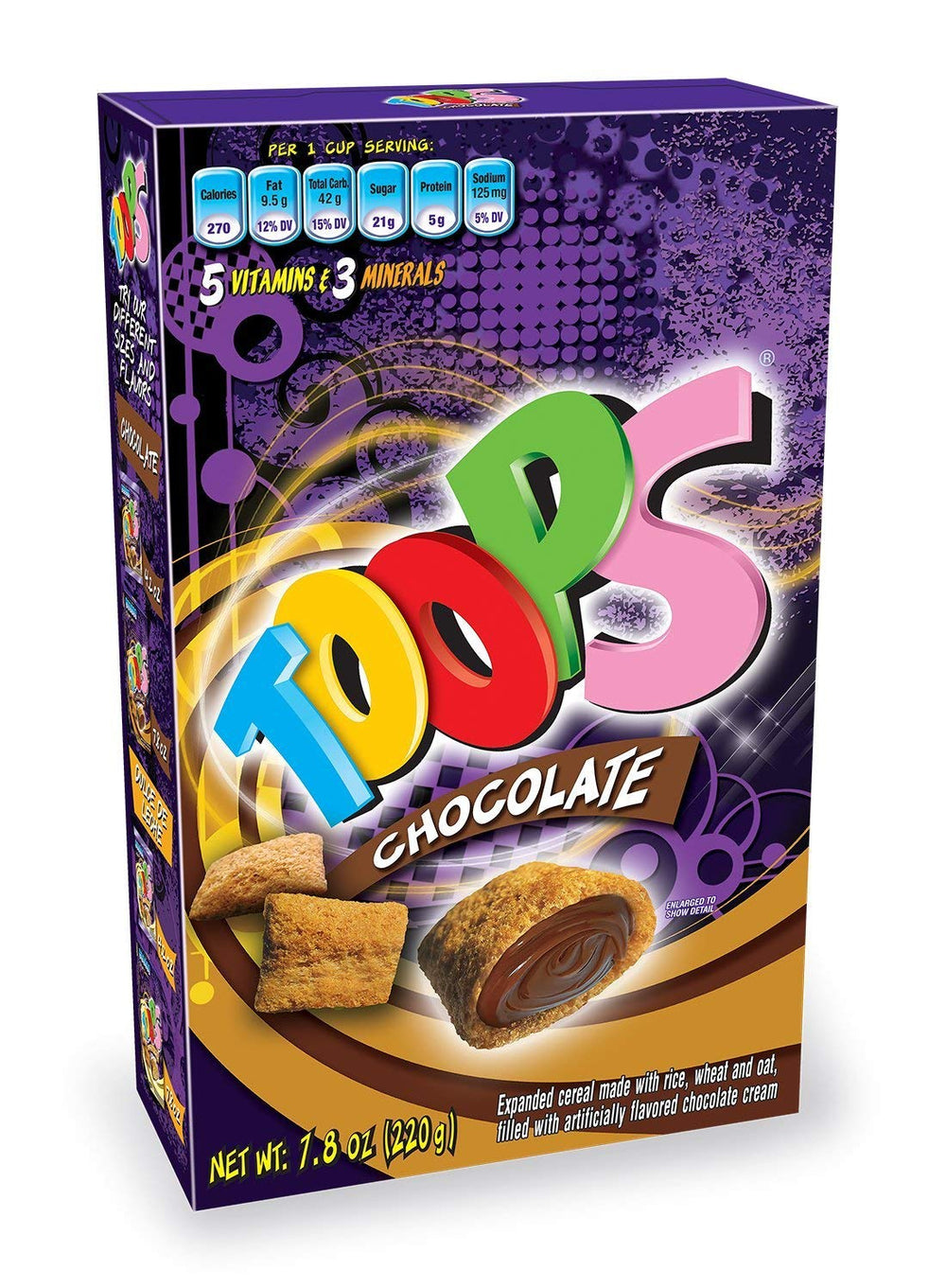 TOOPS chocolate cereal squares pack image showing crispy chocolate centers for a satisfying breakfast