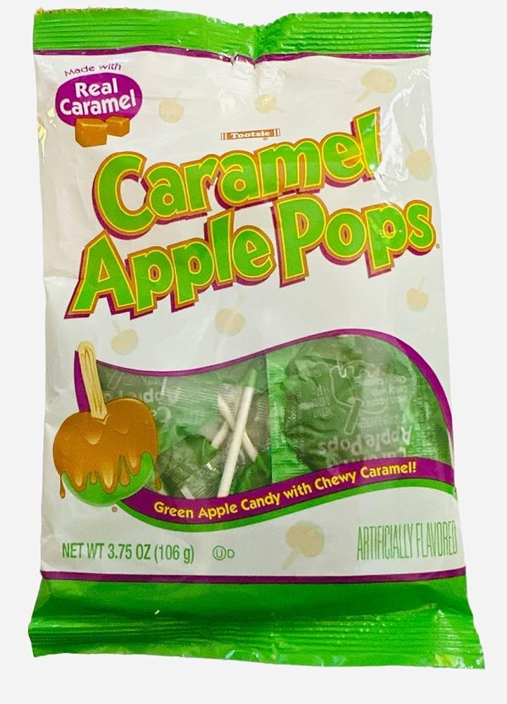 Tootsie Caramel Apple Pops Green close-up, chewy caramel center ideal for celebrations