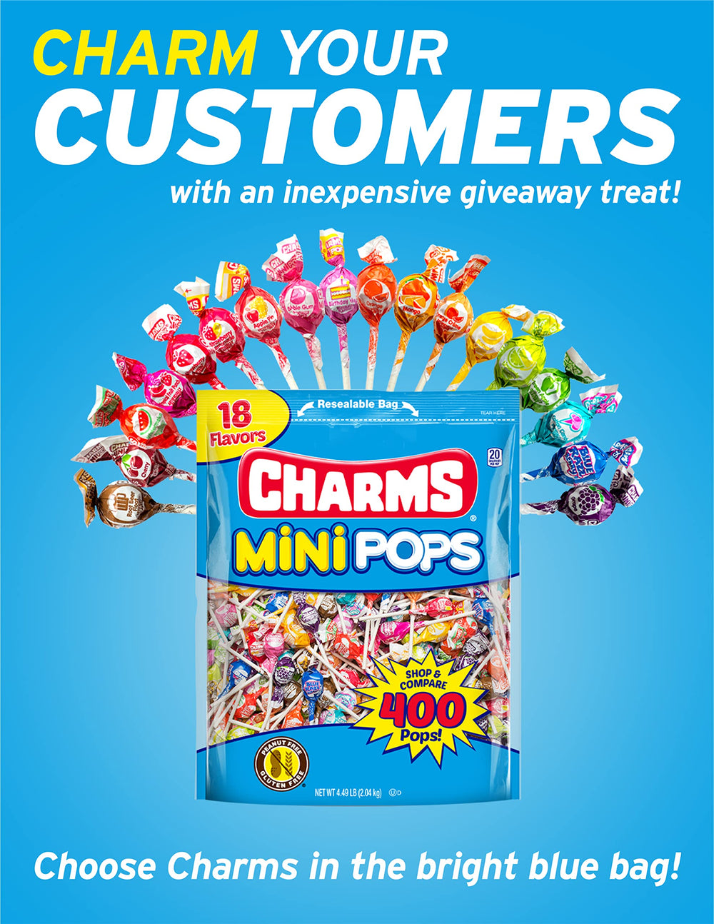 Tootsie Charms Mini Pops 18-flavors collection offers a vibrant flavor lineup.