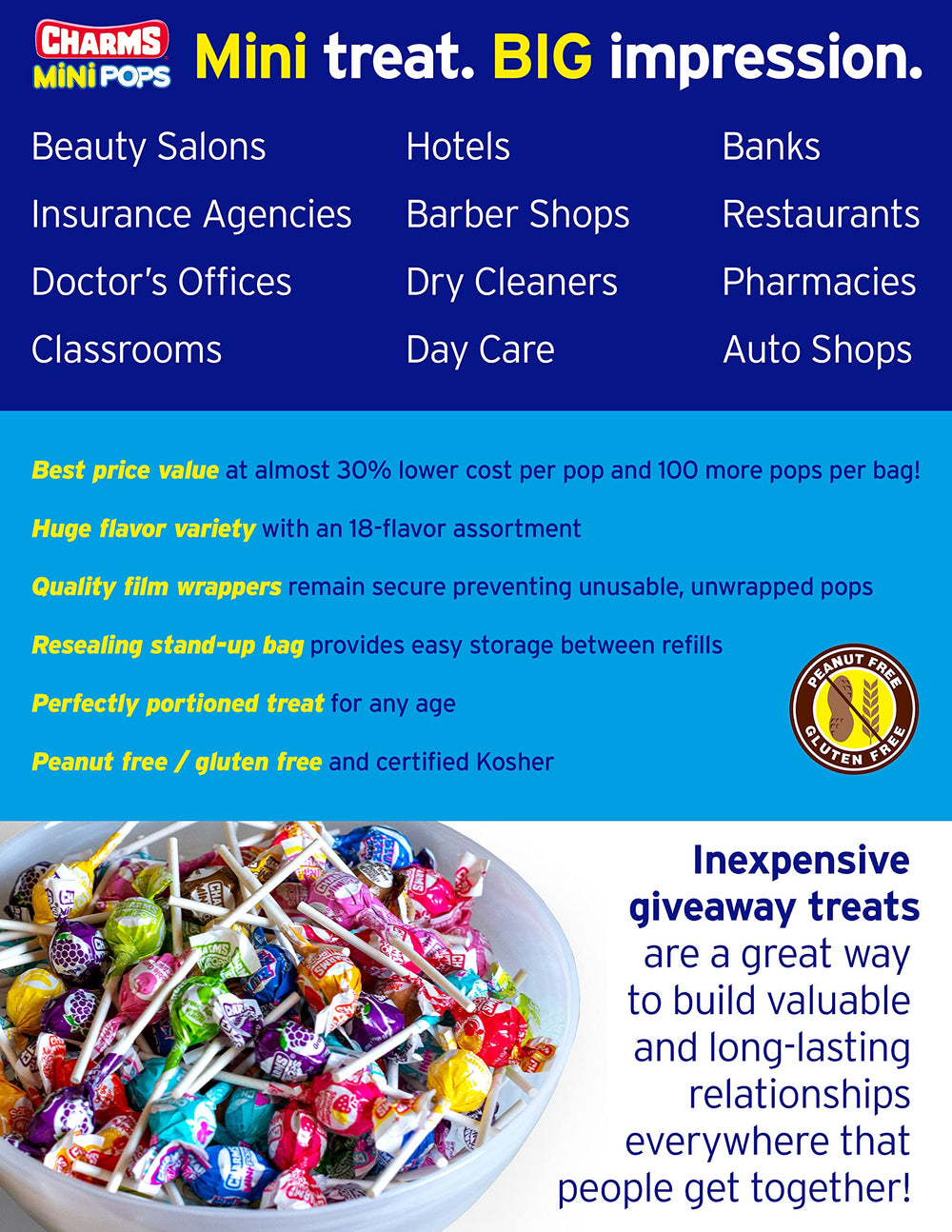 Tootsie Charms Mini Pops individually wrapped candies stay fresh on the go.