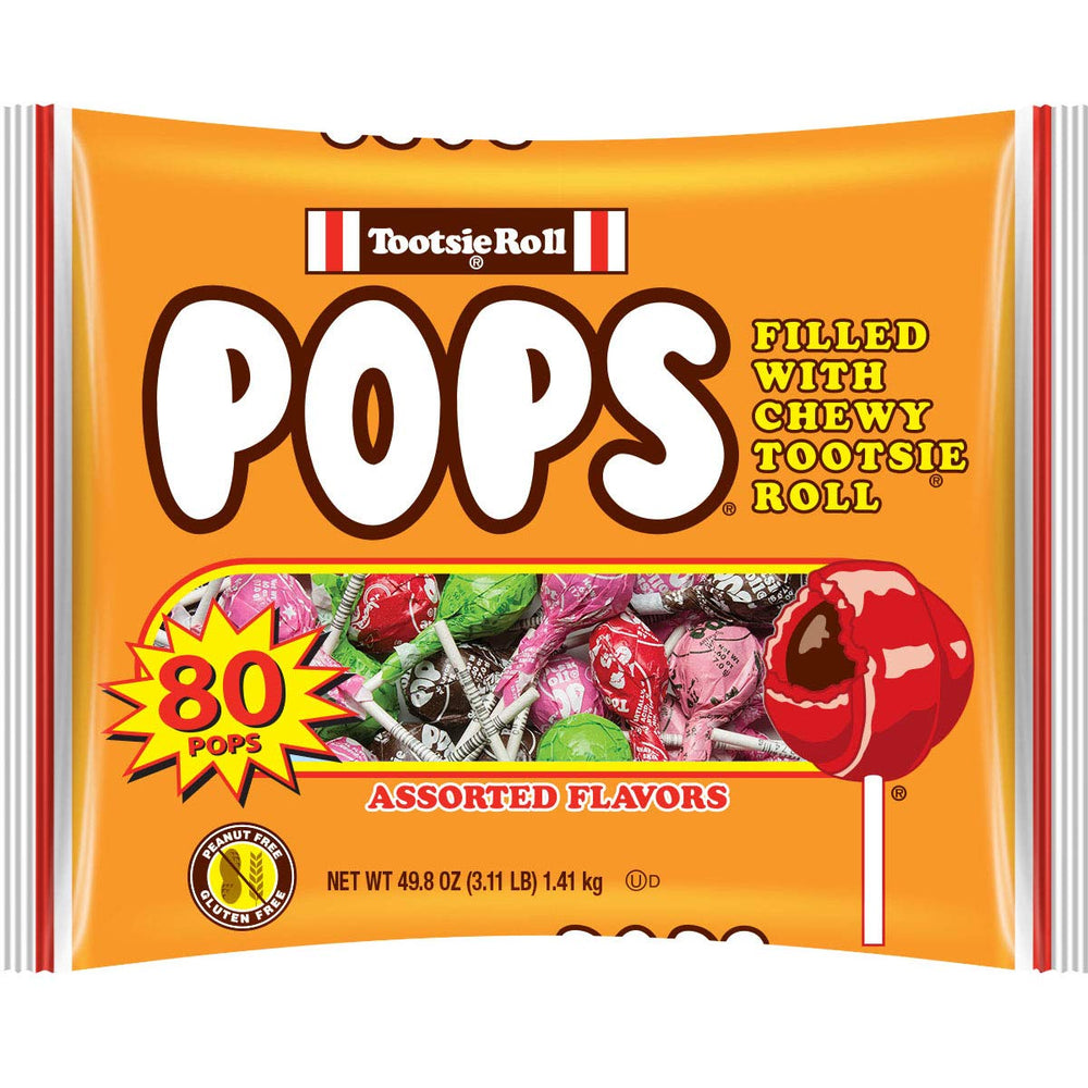 Tootsie Pops assorted flavors bag front view, colorful candy-coated lollipops for party favors.