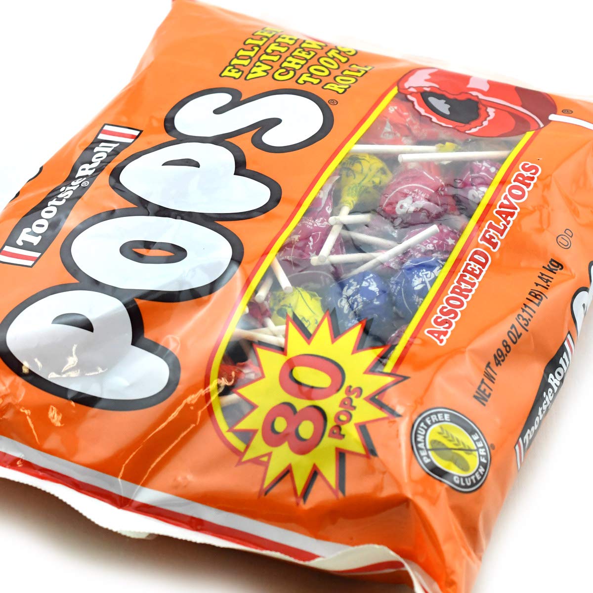 Tootsie Pops packaging closeup highlights shell and center candy, ideal for giftable treats.