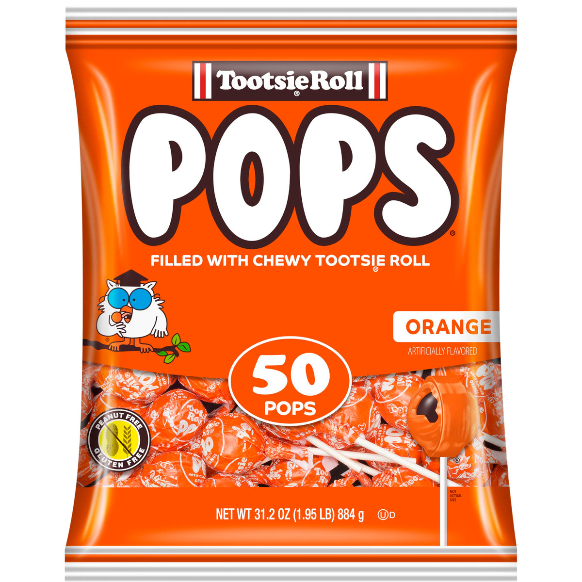 Tootsie Pops orange-flavored lollipops with candy shell, great for sharing.