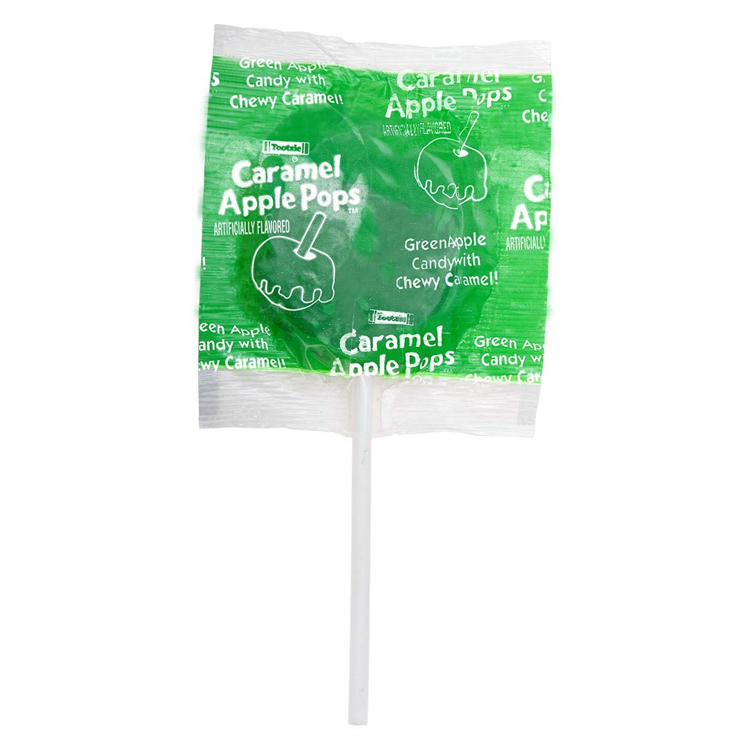 Tootsie Roll Caramel Apple Pop individual wrap closeup, convenient for snacking anywhere.
