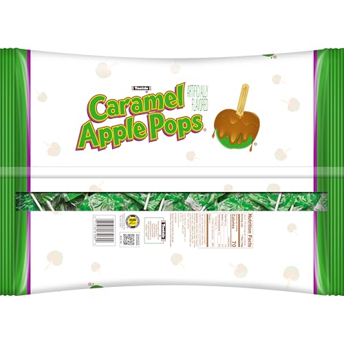Tootsie Roll Caramel Apple Pops display on store shelf with bulk packaging.