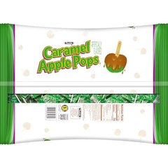 Tootsie Roll Caramel Apple Pops display on store shelf with bulk packaging.
