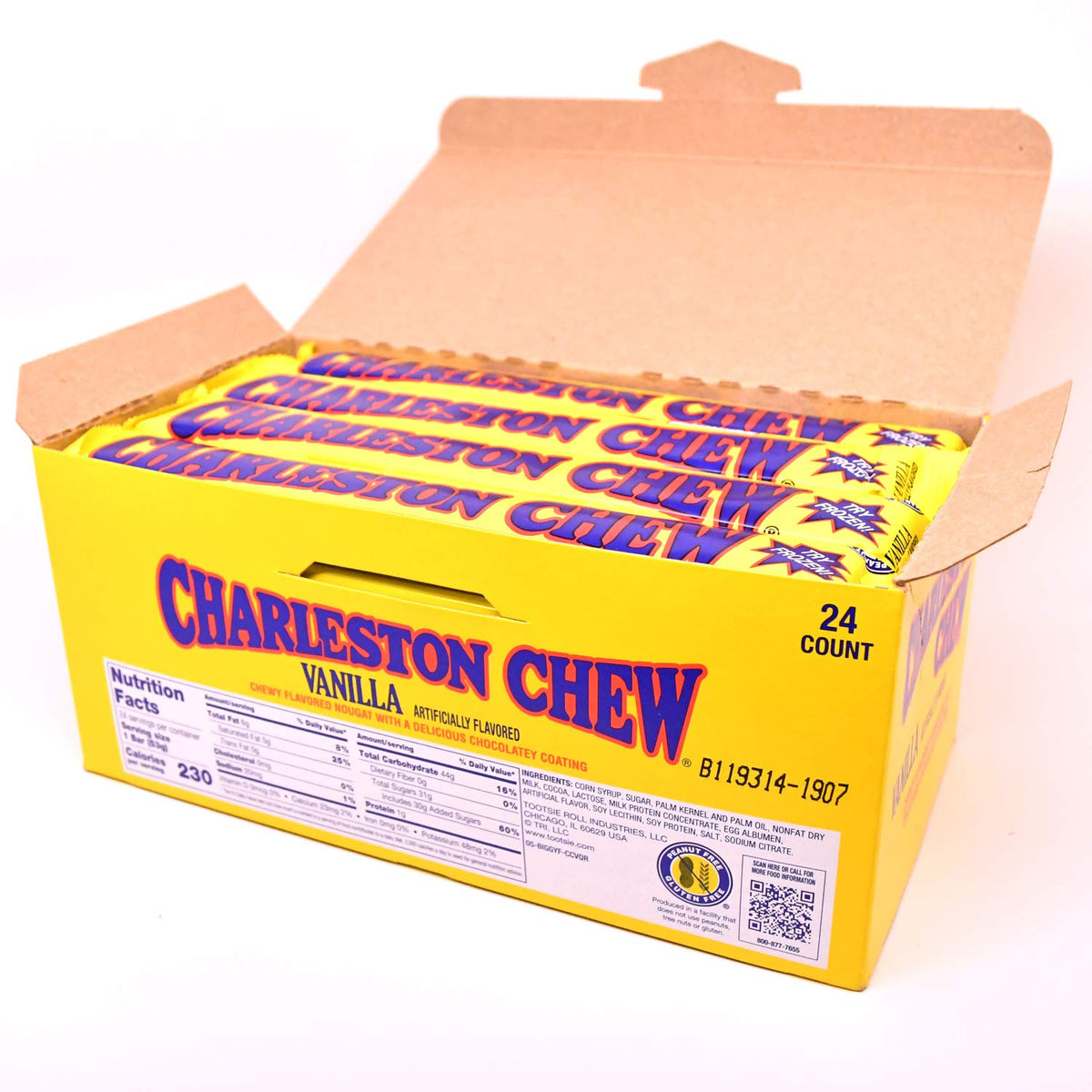 Tootsie Roll Charleston Chew vanilla bar pack shows convenient 24-count packaging for sharing.