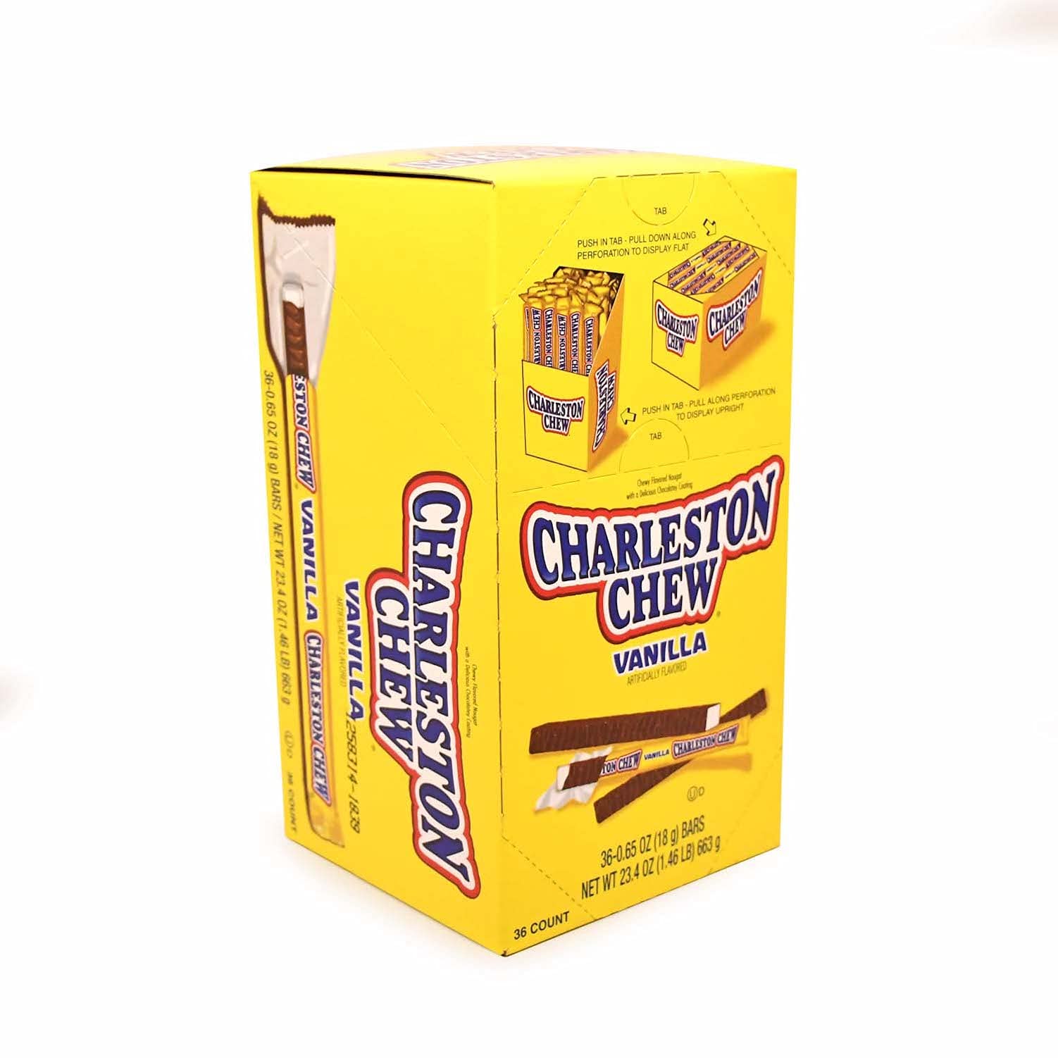 Tootsie Roll Charleston Chew vanilla bar unwrapped, chewy vanilla nougat and chocolate coating.