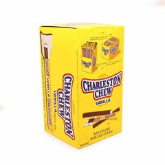 Tootsie Roll Charleston Chew vanilla bar unwrapped, chewy vanilla nougat and chocolate coating.