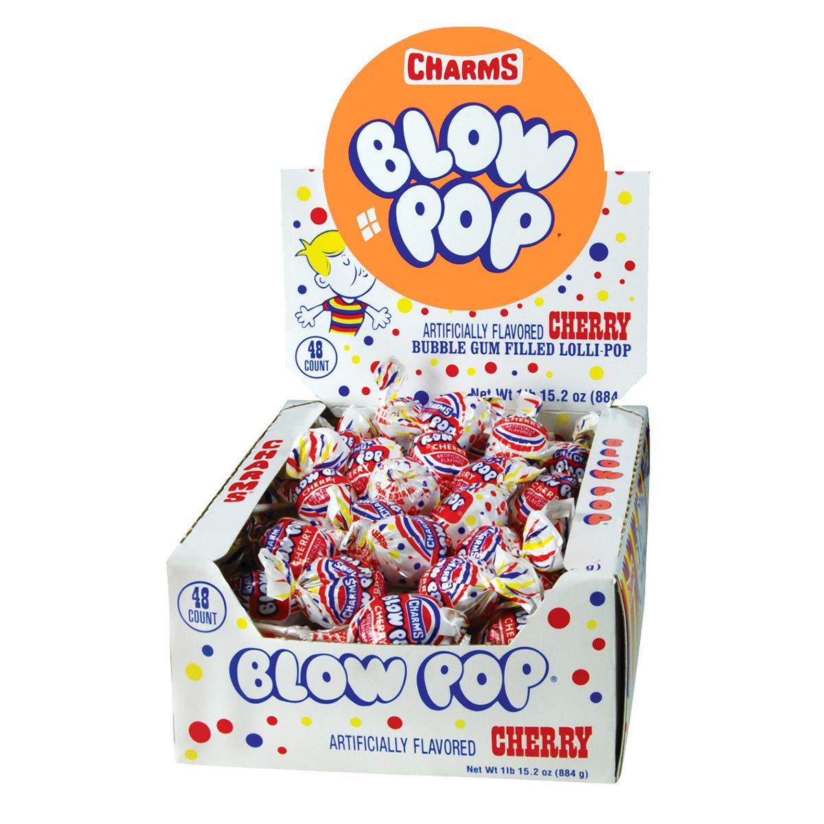 Tootsie Roll Charms Blow Pop cherry shell with gum center for a playful treat.