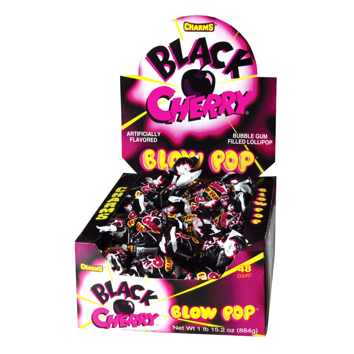 Tootsie Roll Charms Blow Pops box displays Black Cherry flavor, 48-count packaging.