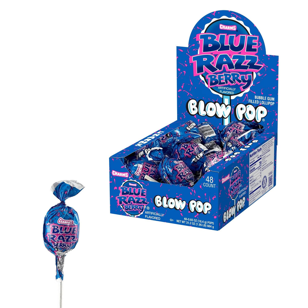 Tootsie Roll Charms Blow Pops Blue Razz Berry lollipop close-up, vivid candy shell and gum center