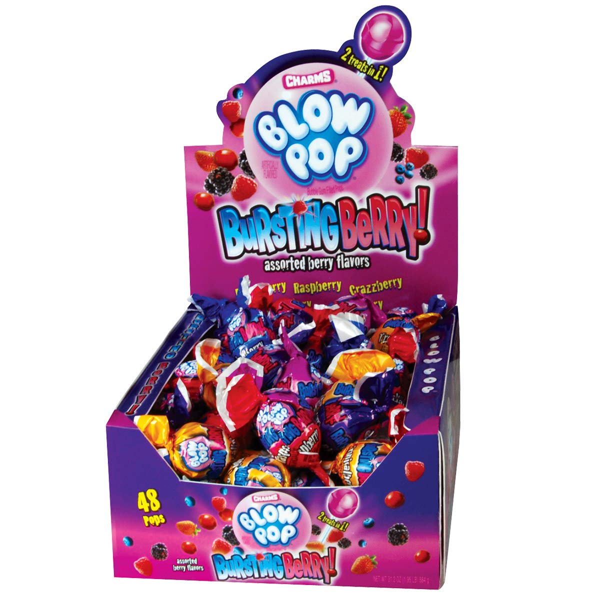 Tootsie Roll Charms Blow Pops bursting berry package top view highlighting dual candy and gum