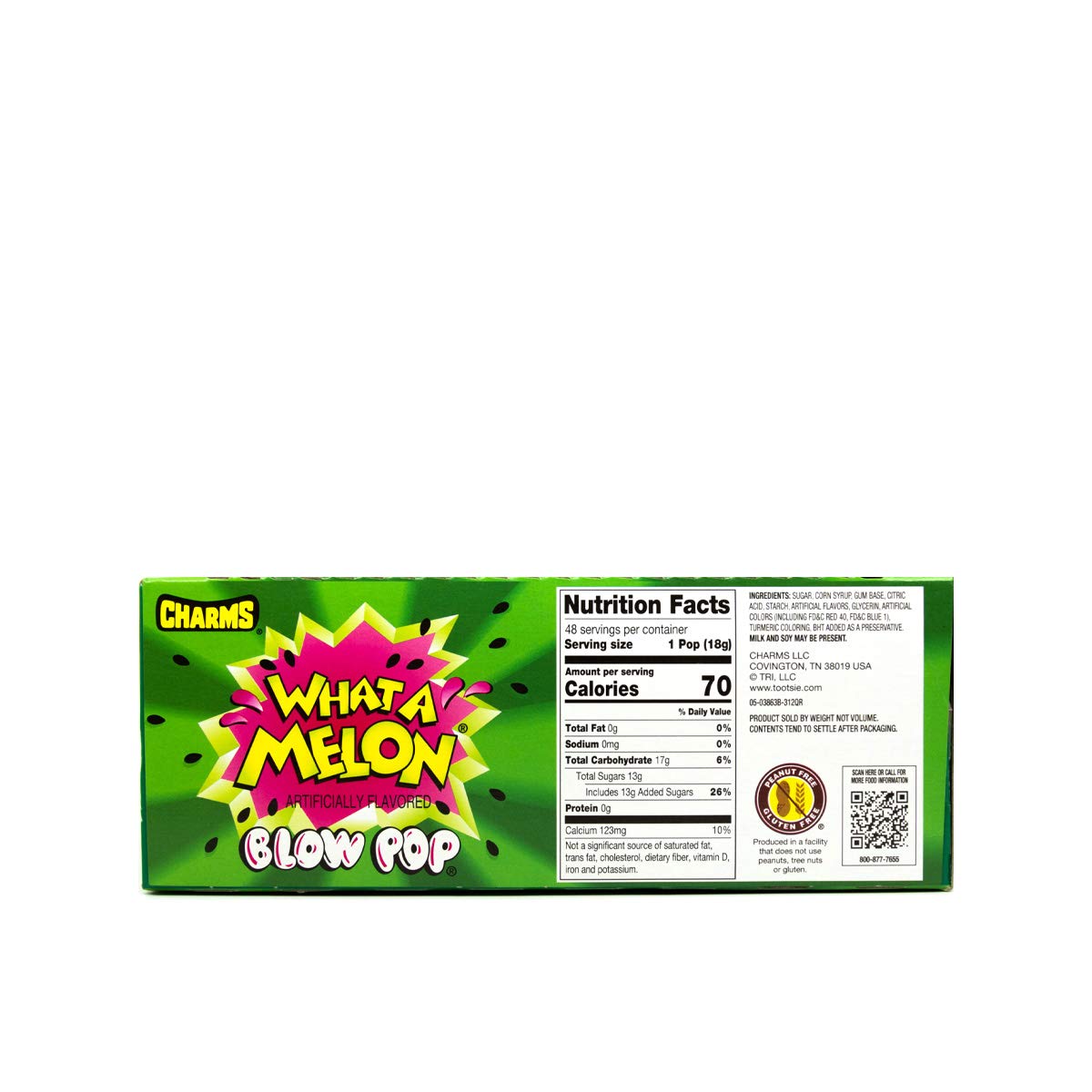 Hard candy shell with What-A-Melon flavor surrounds a chewy gum center.