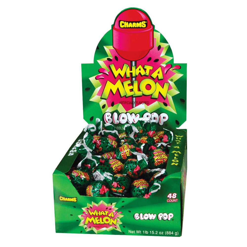 Tootsie Roll Charms Blow Pops What-A-Melon 48-count box for bulk party snacking.