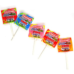 Tootsie Roll Charms Pops cherry green apple close-up, great for sharing with friends.