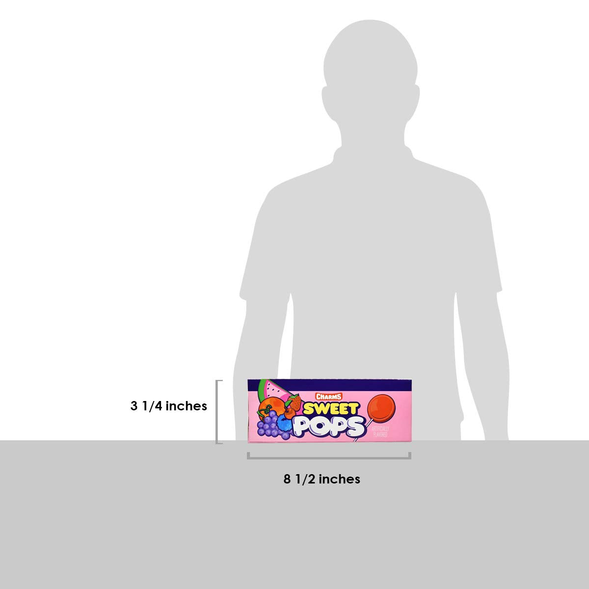 Tootsie Roll Charms Sweet Pops 48-count box sits on a kitchen counter.
