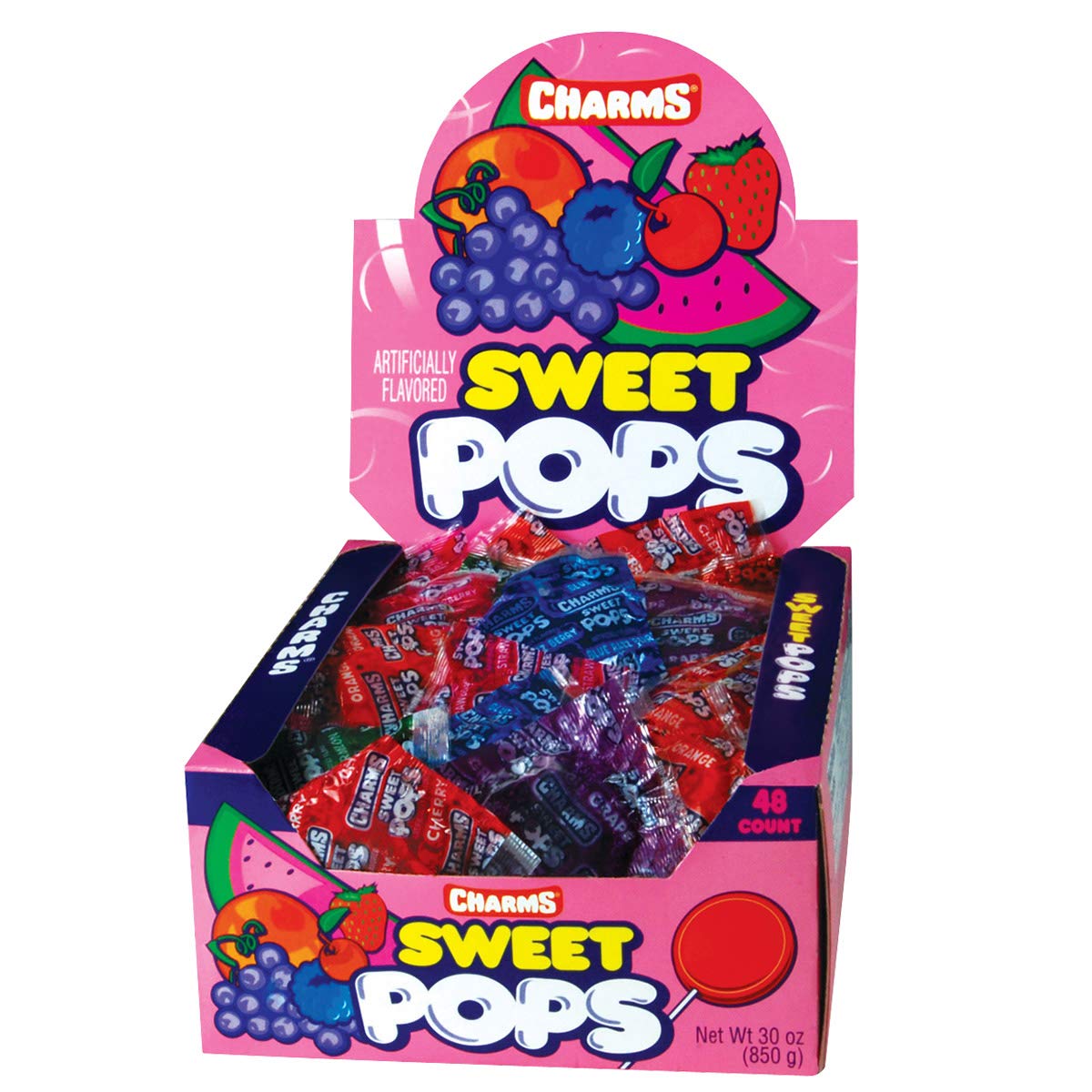Tootsie Roll Charms Sweet Pops 48-count box demonstrates on-the-go snacking convenience.