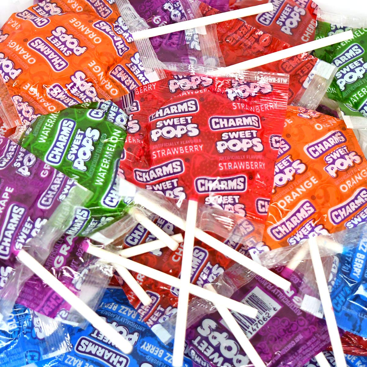 Tootsie Roll Charms Sweet Pops label highlights kosher, peanut-free, gluten-free attributes.